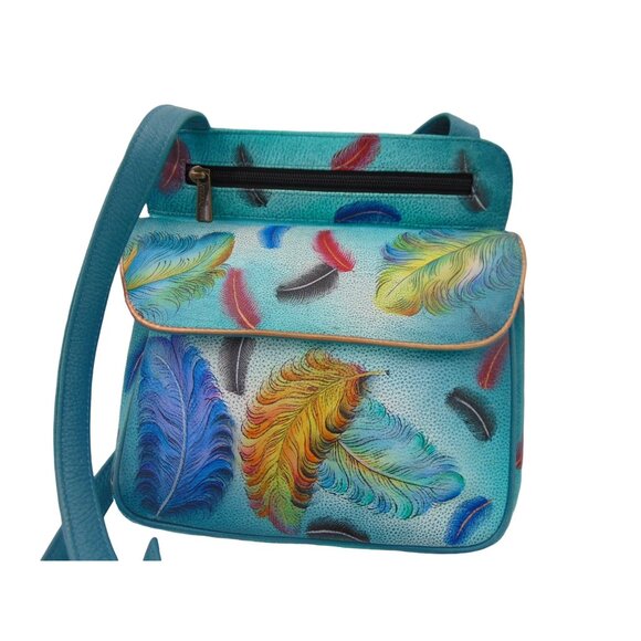 Anuschka Leather Crossbody Purse Wallet Teal Blue Feather Peacock Hand Painted - Picture 2 of 16